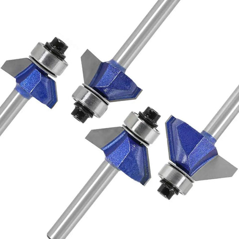 Pro Grade Bevel Edge Router Bit Set 4Pcs One Quarter Inch Shank 45 Degree Chamfer Bits With Top Bearing For Clean Bevels