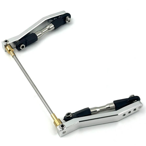 Close-up of Rear Metal Sway Bar Anti Roll Kit For 1/10 RC Rock Crawler Beefy Aluminum Arms With Steel Sway Bar Adjustable Mounts.