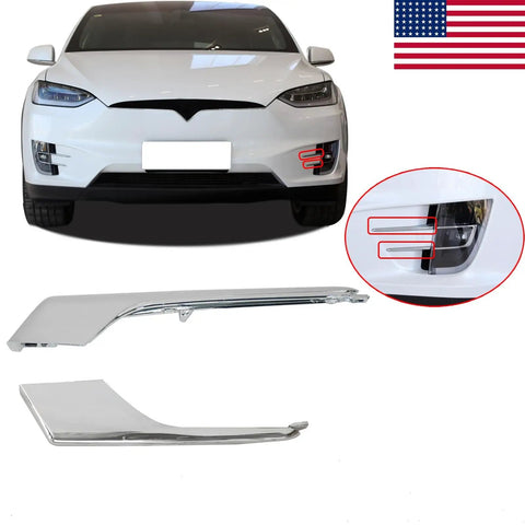 Slick Glossy Chrome Fog Light Bumper Molding Pair For Tesla Model X 2016 Through 2021 Left Front Side Trim Strip shown on vehicle front.