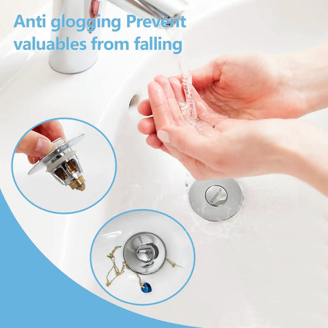 Silver Bathroom Sink Stopper With Hair Catcher Two In One Drain Strainer in use with water flow and jewelry protection