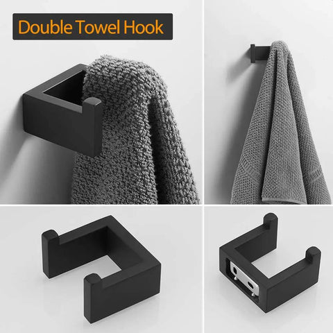 Matte Black Stainless Steel Finish 4 Piece Bathroom Accessory Set Includes 24 Inch Towel Bar, Hand Towel Holder Towel Rack, Toilet Paper Holder, And Double Towel Hooks For Wall Mounted Bath Hardware shown with a towel on it