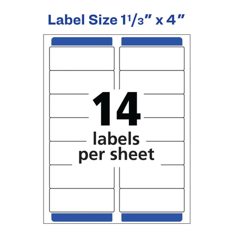 Top Notch Easy Peel Address Labels With Sure Feed Tech For Laser Printers 1.33 By 4 Inches White showing 14 labels per sheet.