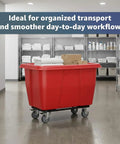 Heavy Duty 500 Pound Rolling Trash Can With 8 Cubic Foot Capacity, Bold Red Construction Cube Hauler in a laundry room.