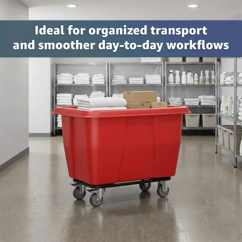 Heavy Duty 500 Pound Rolling Trash Can With 8 Cubic Foot Capacity, Bold Red Construction Cube Hauler in a laundry room.