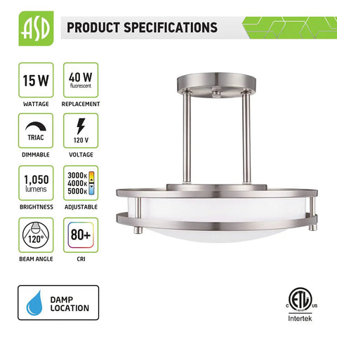 Cool Modern Steel Round Semi Flush Mount LED Ceiling Light Fixture, 12 Inch, product specs listed with nickel finish design