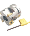 Front view of KinRite face mill arbor in silver with gold carbide inserts.