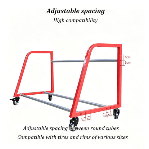 Heavy Duty Tire Storage Rack And Rim Organizer Shelf With Locking Casters Solid Steel Frame showing adjustable spacing for tires