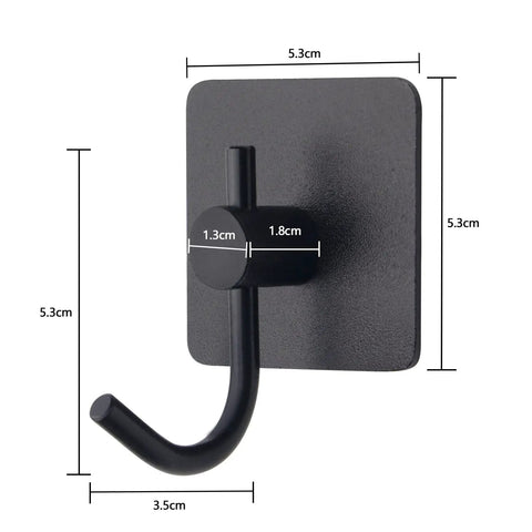 Close view of black 12 Pack Heavy Duty Adhesive Wall Hooks Aluminum Towel Hangers For Hanging Coats Hats Towels Robes Keys And Clothes Stick On Wall Mounts For Kitchen And Bathroom, showing dimensions