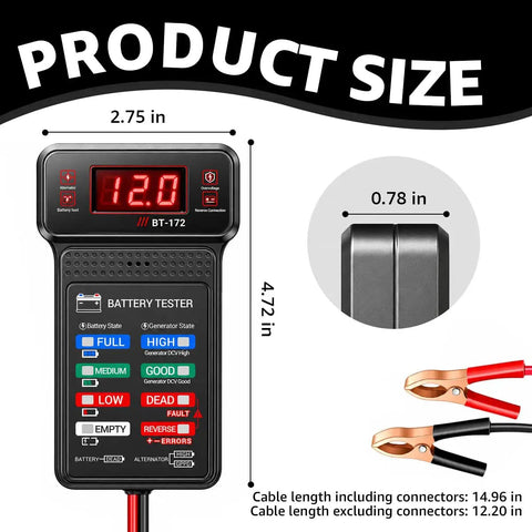 Heavy Duty 12V Automotive Battery Tester Featuring Slick Digital Readouts And Straight Shooter Diagnostics for size dimensions and display.