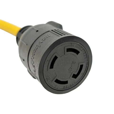 Close-up of Heavy Duty NEMA 5-15 to L14-30 Locking Power Cord, 8 Inch, 12 AWG SJTW Copper Conductors, UL Listed