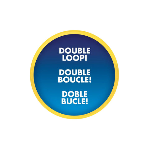 Blue and yellow graphic with text 'Double Loop!' in English, French, and Spanish for Sonic Racing CrossWorlds Slot Car Track Set