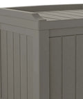 22 Gallon Outdoor Storage Box With Seat In Stone Gray Resin, Weatherproof Patio Deck Box close-up of lid and side panel