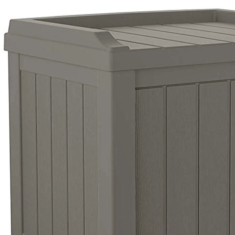 22 Gallon Outdoor Storage Box With Seat In Stone Gray Resin, Weatherproof Patio Deck Box close-up of lid and side panel