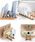 Slick Countertop Space Saver Bamboo Dish Rack And Vertical Plate Lid Organizer holds six cutting boards and cups with a clean design.