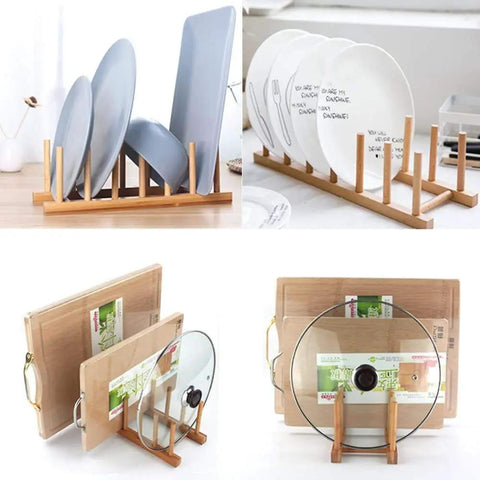 Slick Countertop Space Saver Bamboo Dish Rack And Vertical Plate Lid Organizer holds six cutting boards and cups with a clean design.