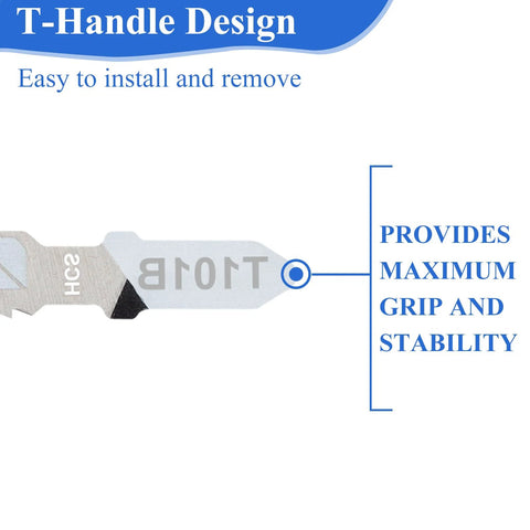 Jigsaw blades set, 10-piece T-shank; side view showing grip design for wood, metal and plastic cutting