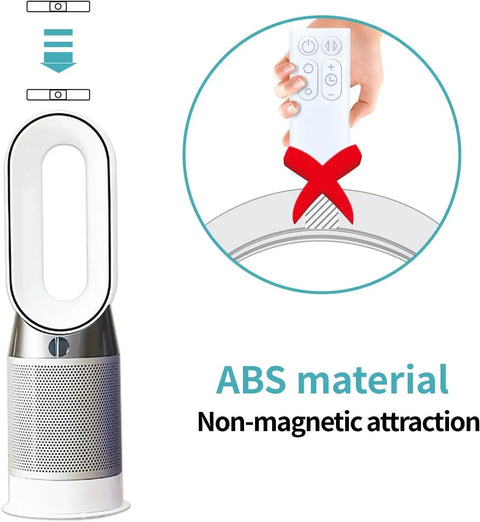 Replacement Remote for Dyson Fan AM06 AM07 AM08 showing hand-held remote and compatibility with fan base, no magnetic feature