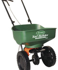 Edge Guard Mini Broadcast Spreader with calibrated settings and wheels, ideal for lawns up to 5,000 sq ft, side view