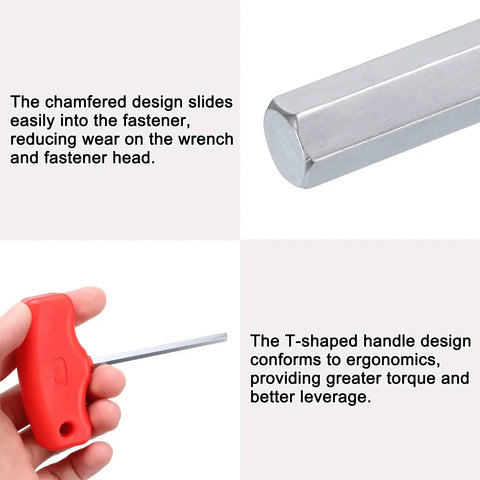 Two Pack 5mm T Handle Hex Key Wrench Set, Long Arm Inner Hex T Key Wrenches For Automotive And Home Repair, S2 Steel With Chrome Finish, 70mm Shaft, 102mm Overall, Ergonomic Grip, chamfered tip and red handle