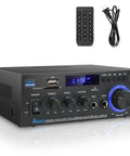 Powerful Bluetooth 5 Point 0 HiFi Stereo Amplifier Receiver 40W X 2 Channel with remote and power cord, front view