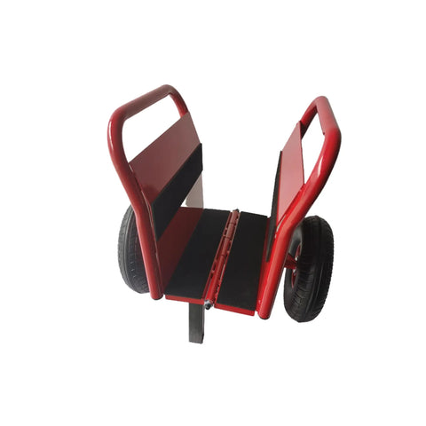 No Sweat Heavy Duty Panel Dolly Cart With One Thousand Pound Capacity And Ten Inch Reliable Solid Rubber Tires For Easy Drywall Loads Heavy Door Slides And Contractor Gear Runs In Glossy Red, top view showing handles and wheels.