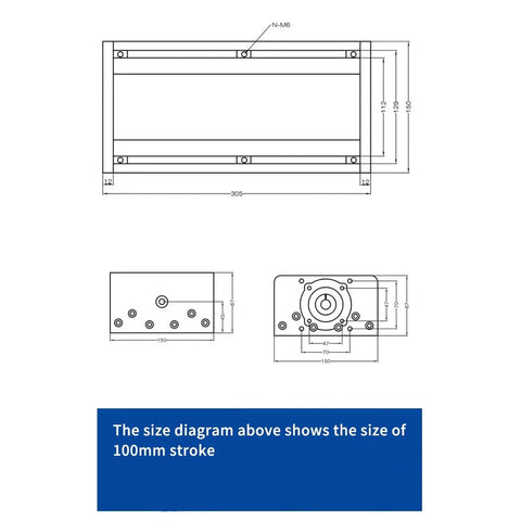 Technical drawing of High Precision Linear Guide Rail Kit HGR15 with SFU1605 Ball Screw Support dimensions and stroke size.
