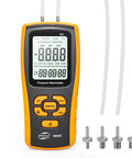 Front view of the handheld manometer gas pressure tester for HVAC pros and DIYers with digital display and adapters, 35kPa range.