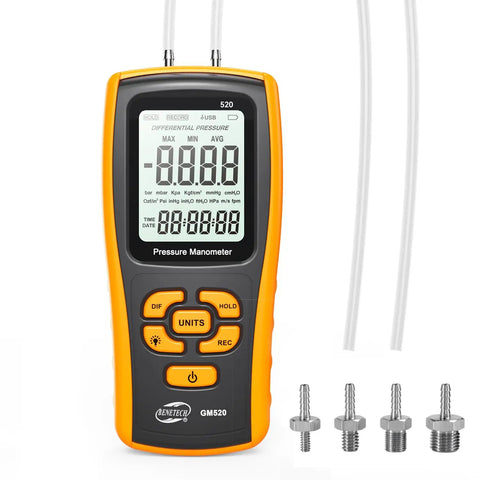 Front view of the handheld manometer gas pressure tester for HVAC pros and DIYers with digital display and adapters, 35kPa range.