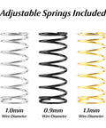 Adjustable springs for Aluminum Front And Rear Shock Absorbers Set With Adjustable Springs For ARRMA 1/18 Granite 1/16 Mojave 1/14 Typhon RC Truck Upgrades Oil Filled Sealed 7075 Alloy Suspension in silver, black, and gold with different wire diameters.