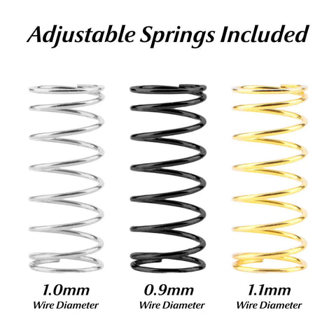 Adjustable springs for Aluminum Front And Rear Shock Absorbers Set With Adjustable Springs For ARRMA 1/18 Granite 1/16 Mojave 1/14 Typhon RC Truck Upgrades Oil Filled Sealed 7075 Alloy Suspension in silver, black, and gold with different wire diameters.