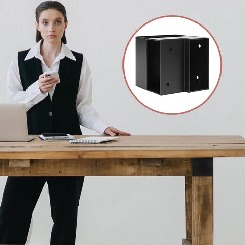 Heavy Duty 3 Way Corner Bracket Kit For Custom Workbench And Shelving, Black Steel, visible on table next to person with laptop