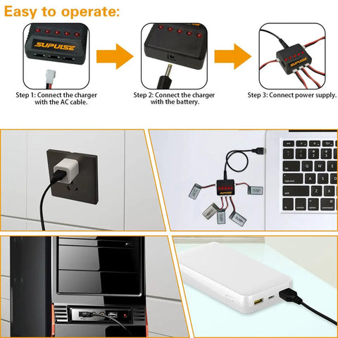 Instruction steps for 5in1 USB Charger For RC Planes And Spare Parts setup with AC, USB, and battery connections.