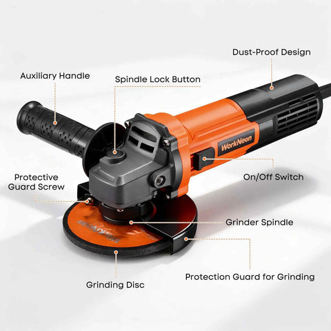 Side view of 4 1/2 Inch Angle Grinder 850W 11,000 RPM High Torque Electric Grinder with auxiliary handle and labeled parts