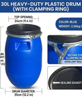 Go-To Outdoor Rain Barrel Rain Drum 30L Blue Food Grade HDPE Plastic with Tight Lid Airtight Seal for Rainwater Harvesting