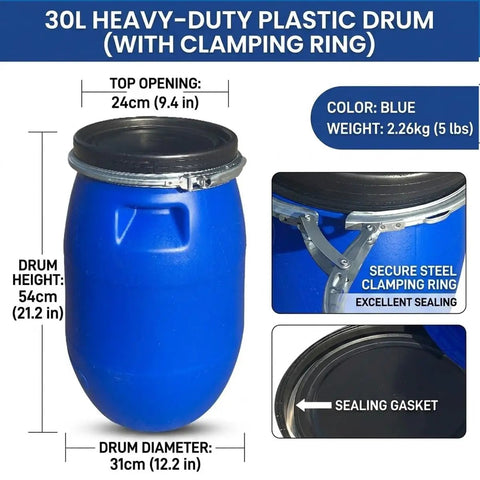 Go-To Outdoor Rain Barrel Rain Drum 30L Blue Food Grade HDPE Plastic with Tight Lid Airtight Seal for Rainwater Harvesting