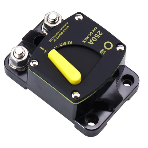 Heavy Duty 250 Amp DC Circuit Breaker for 12V to 48V Systems Waterproof Inline Holder with Manual Reset Switch Surface Mount