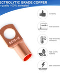 Electrolytic copper lug from the All-In-One Copper Wire Lugs and Ring Terminal Kit With Heat Shrink Tubing, SC10-6 size, durability and quality features displayed.
