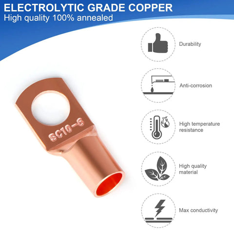 Electrolytic copper lug from the All-In-One Copper Wire Lugs and Ring Terminal Kit With Heat Shrink Tubing, SC10-6 size, durability and quality features displayed.
