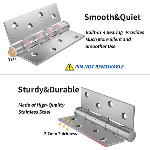 6 Pack Stainless Steel Door Hinges For Exterior And Interior Doors 4x3 Inches Heavy Duty with quiet operation and 2.7mm thickness.