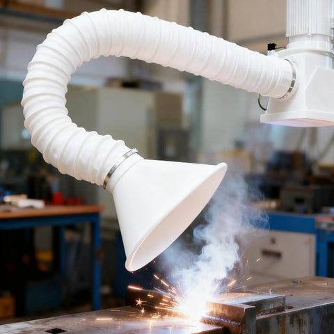 Adjustable 4.9FT Real Deal Smoke Extractor Arm With Heavy Duty Dust Hose For Soldering Fume Capture and 50 MM Diameter Valve in use near welding sparks.