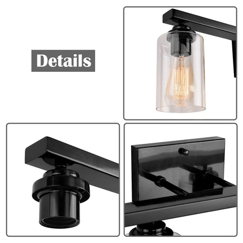 Detailed view of 4 Light Black Vanity Wall Sconce With Clear Glass Shades, showing fixture and clear shade elements.