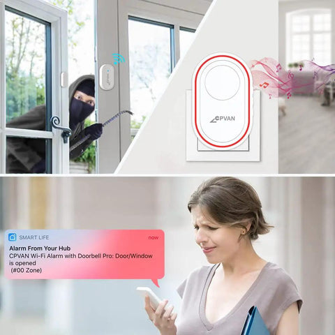 Smart Door Chime And Window Alarm Sensor With App Alerts, Remote Control, 2.4GHz WiFi Base Station Siren showing alert notification