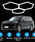 Hexagon Garage Lights 16 Pack Plug And Play LED Panels, 24W 6500K, shown installed above a car in a garage setting.
