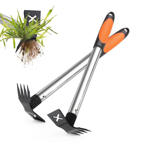 Two Pack 2 In One Weed Puller Tool Set 17 Inch Manual Weeding Rake And Garden Hoe for Deep Root Uprooting Portable Hand Weeder