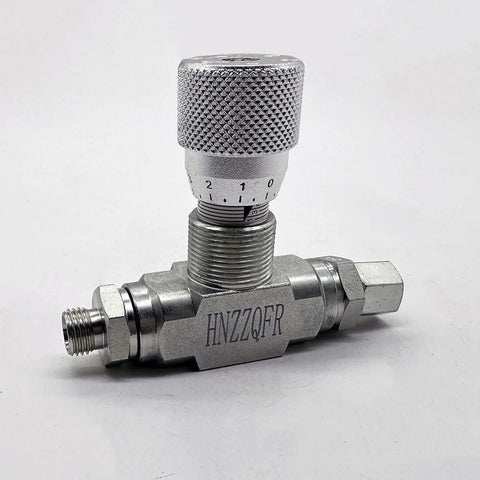 Front view of HNZZQFR tubular hydraulic bidirectional flow control valve with knurled knob and G3/8 L08 connector.