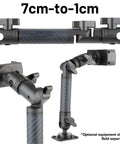 Rock Solid Locking Adjustable Mounting Arm Engineered From Durable Carbon Fiber Kevlar With An Articulating Pivot Joint And Dual 20Mm Sockets For Cameras providing bulletproof stability, showing adjustable length from 1cm to 7cm.