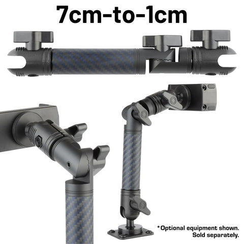 Rock Solid Locking Adjustable Mounting Arm Engineered From Durable Carbon Fiber Kevlar With An Articulating Pivot Joint And Dual 20Mm Sockets For Cameras providing bulletproof stability, showing adjustable length from 1cm to 7cm.