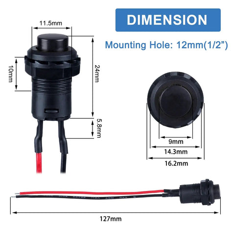 Dimensions diagram of 12 Pack 12Mm Latching Push Button Switches Plug And Play SPST On Off Normally Open Pre Wired Dual Voltage
