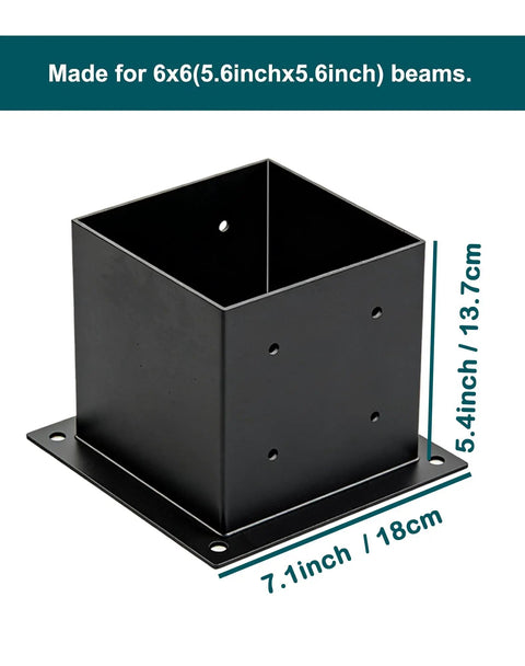 Beefy Heavy Duty 6x6 Post Base Brackets Kit Two Pack With Inner Size 5.6x5.6 For Wood Posts, Black Powder Coated Steel, Pavilion Deck Railing Support, Durable Welded Construction Base Plate Included