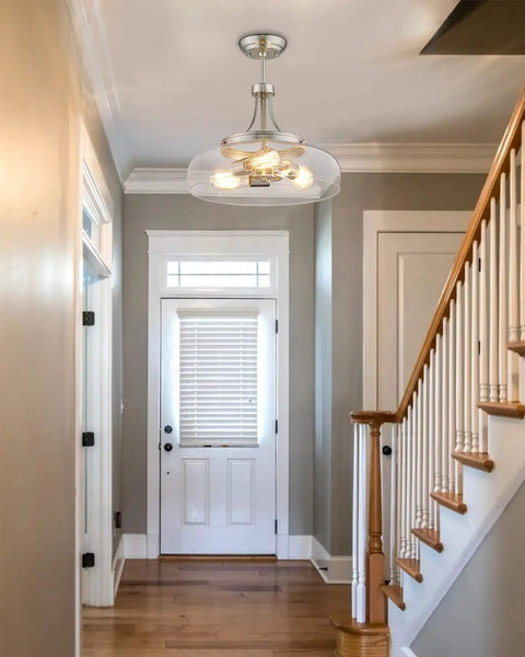 3 Light Farmhouse Pendant Light Semi Flush Mount With Brushed Nickel And Clear Glass Shade, hanging in a bright entryway